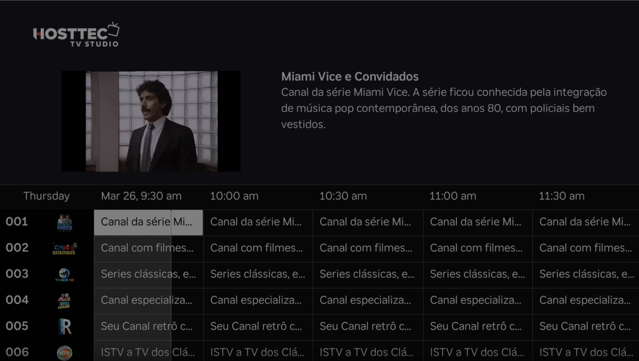 Tela de canal com guia de programação